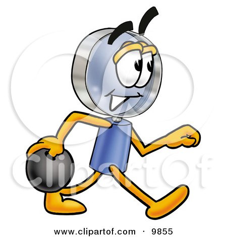 Clipart Picture of a Magnifying Glass Mascot Cartoon Character Holding a Bowling Ball by Mascot Junction