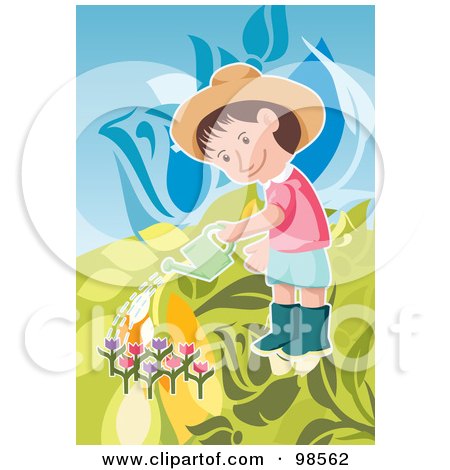 Royalty-Free (RF) Clipart Illustration of a Little Boy Watering Tulips In A Garden by mayawizard101