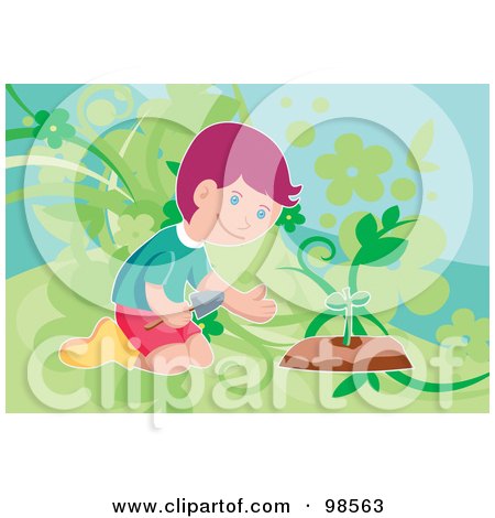 Royalty-Free (RF) Clipart Illustration of a Little Boy Planting A Seedling by mayawizard101