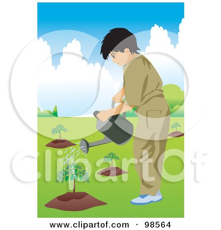 Royalty-Free (RF) Clipart Illustration of a Little Boy Watering Newly Planted Trees by mayawizard101