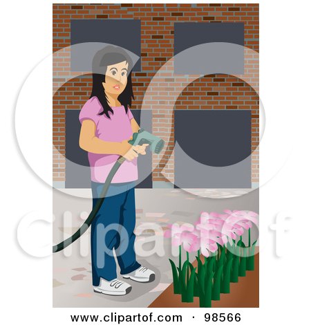 Royalty-Free (RF) Clipart Illustration of a Girl Using A Sprayer To Water Her Flower Garden by mayawizard101
