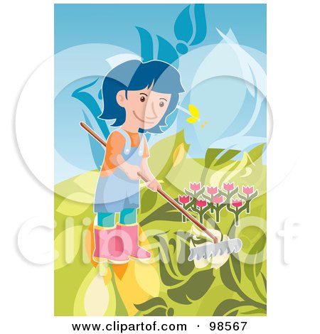 Royalty-Free (RF) Clipart Illustration of a Girl Raking In A Tulip Garden by mayawizard101