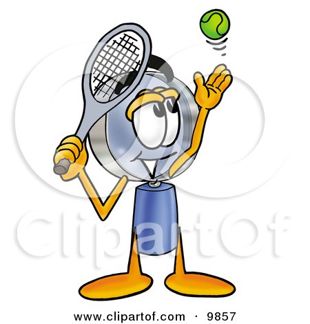 Clipart Picture of a Magnifying Glass Mascot Cartoon Character Preparing to Hit a Tennis Ball by Mascot Junction