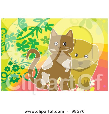 Royalty-Free (RF) Clipart Illustration of a Brown Puppy And Kitten On A Floral Background by mayawizard101