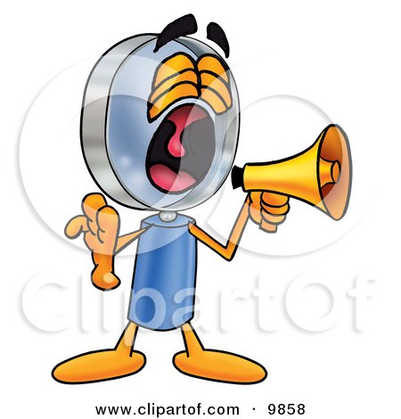 Clipart Picture of a Magnifying Glass Mascot Cartoon Character Screaming Into a Megaphone by Mascot Junction