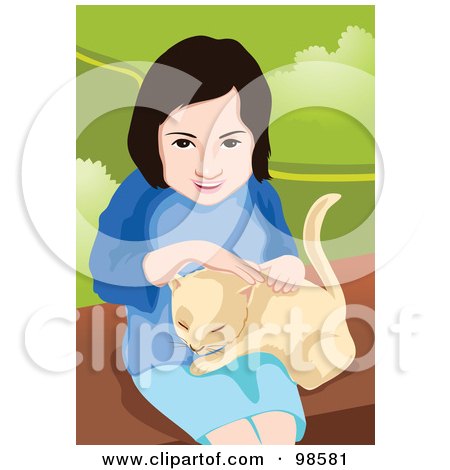 Royalty-Free (RF) Clipart Illustration of a Little Girl Sitting And Petting Her Cat by mayawizard101