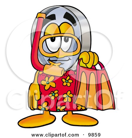 Clipart Picture of a Magnifying Glass Mascot Cartoon Character in Orange and Red Snorkel Gear by Mascot Junction