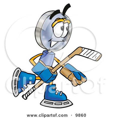Clipart Picture of a Magnifying Glass Mascot Cartoon Character Playing Ice Hockey by Mascot Junction