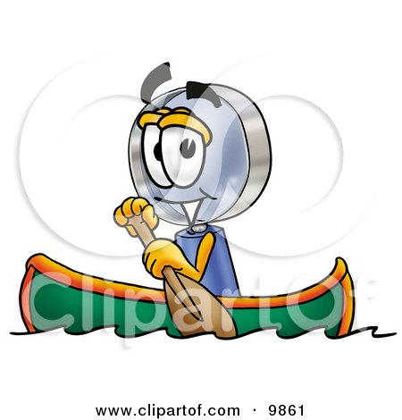 Clipart Picture of a Magnifying Glass Mascot Cartoon Character Rowing a Boat by Mascot Junction