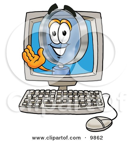 Clipart Picture of a Magnifying Glass Mascot Cartoon Character Waving From Inside a Computer Screen by Mascot Junction