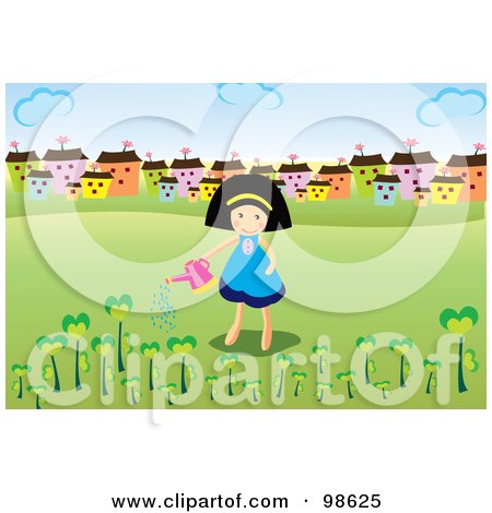 Royalty-Free (RF) Clipart Illustration of a Happy Girl Watering Trees Near A Village by mayawizard101