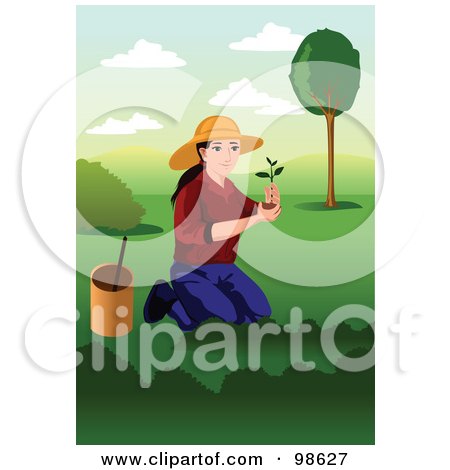Royalty-Free (RF) Clipart Illustration of a Kneeling Woman Planting A Tree by mayawizard101
