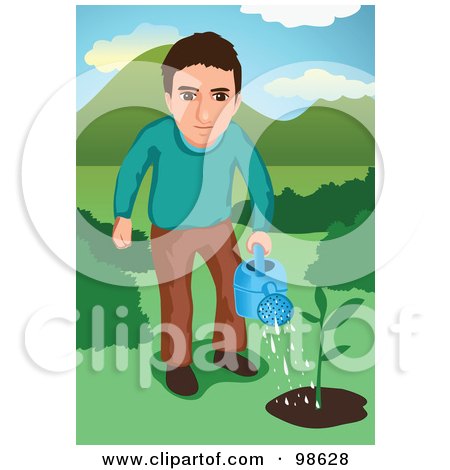 Royalty-Free (RF) Clipart Illustration of a Man Watering A Small Tree by mayawizard101