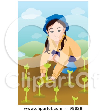 Royalty-Free (RF) Clipart Illustration of a Little Girl Planting Tree Seedlings by mayawizard101