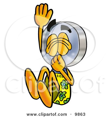 Clipart Picture of a Magnifying Glass Mascot Cartoon Character Plugging His Nose While Jumping Into Water by Mascot Junction