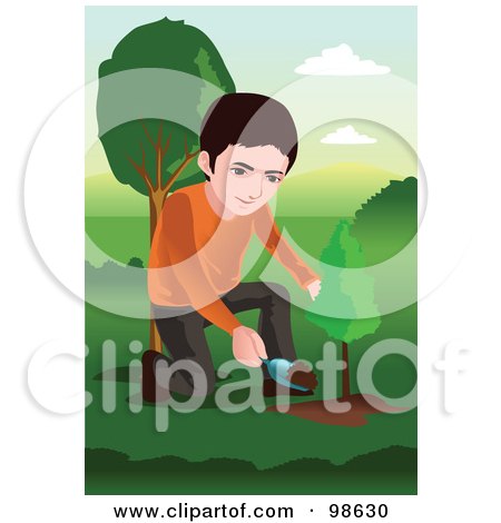 Royalty-Free (RF) Clipart Illustration of a Little Boy Kneeling To Plant A Tree by mayawizard101