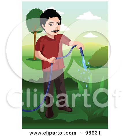 Royalty-Free (RF) Clipart Illustration of a Man Using A Garden Hose To Water A Plant by mayawizard101