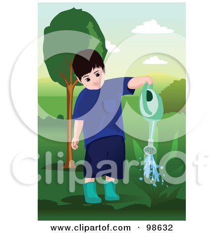 Royalty-Free (RF) Clipart Illustration of a Little Boy Watering A Plant In A Yard by mayawizard101