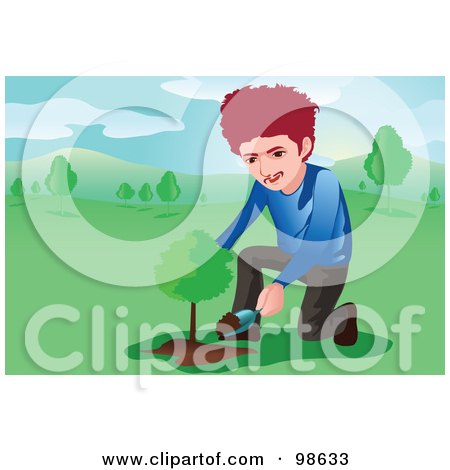 Royalty-Free (RF) Clipart Illustration of a Man Shoveling Dirt On A Newly Planted Tree by mayawizard101