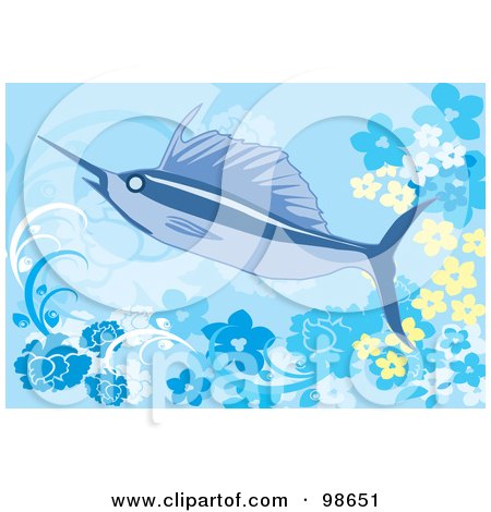 Royalty-Free (RF) Clipart Illustration of a Swordfish On A Blue Floral Background by mayawizard101