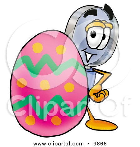 Clipart Picture of a Magnifying Glass Mascot Cartoon Character Standing Beside an Easter Egg by Mascot Junction