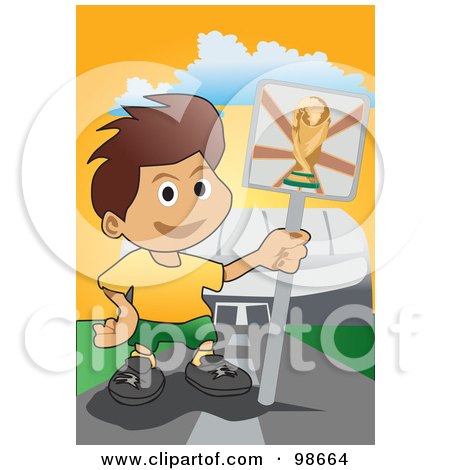 Royalty-Free (RF) Clipart Illustration of a Boy Holding A World Cup Sign by mayawizard101