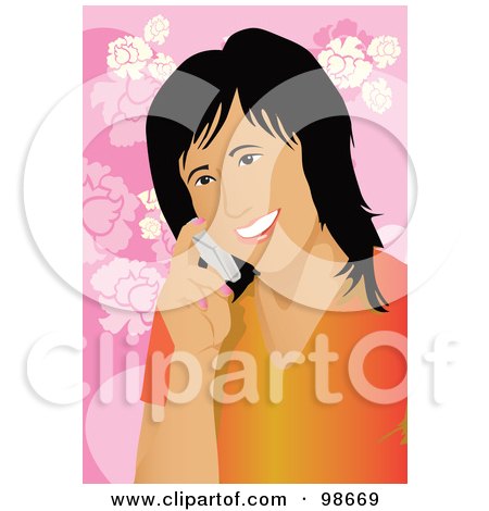 Royalty-Free (RF) Clipart Illustration of a Friendly Asian Woman Talking On A Cell Phone by mayawizard101