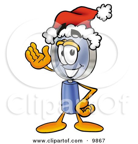 Clipart Picture of a Magnifying Glass Mascot Cartoon Character Wearing a Santa Hat and Waving by Mascot Junction