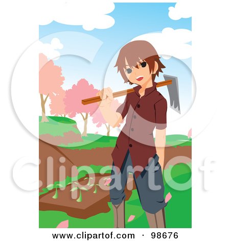Royalty-Free (RF) Clipart Illustration of a Little Boy Carrying A Tool By A Garden by mayawizard101