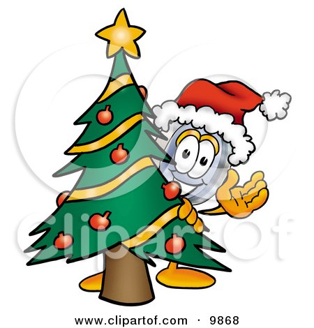Clipart Picture of a Magnifying Glass Mascot Cartoon Character Waving and Standing by a Decorated Christmas Tree by Mascot Junction