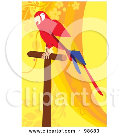 Royalty-Free (RF) Clipart Illustration of a Scarlet Macaw On A Wood Perch by mayawizard101