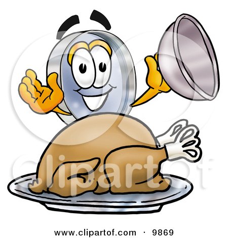 Clipart Picture of a Magnifying Glass Mascot Cartoon Character Serving a Thanksgiving Turkey on a Platter by Mascot Junction