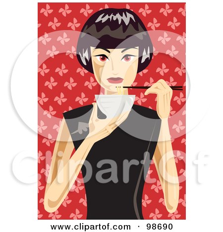Royalty-Free (RF) Clipart Illustration of a Woman Eating A Bowl Of Noodles by mayawizard101
