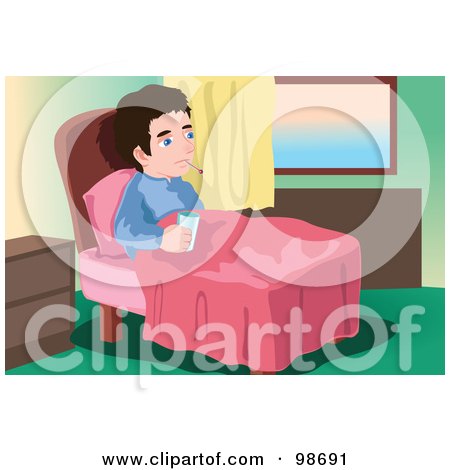 Royalty-Free (RF) Clipart Illustration of a Sick Man In Bed With A Thermometer And Water by mayawizard101
