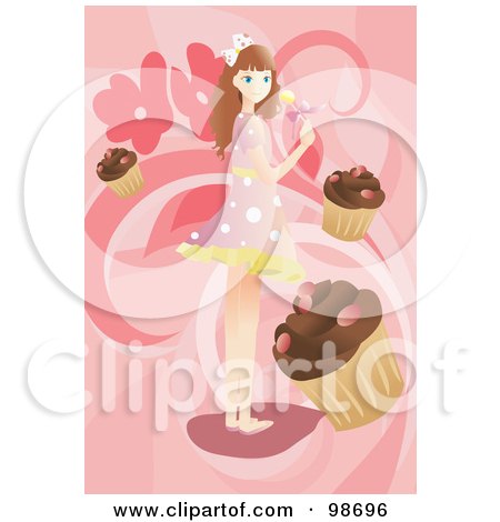 Royalty-Free (RF) Clipart Illustration of a Girl Holding A Sucker, Surrounded By Cupcakes by mayawizard101