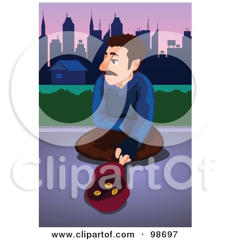 Royalty-Free (RF) Clipart Illustration of a Man Sitting On A Sidewalk With Money In His Hat by mayawizard101