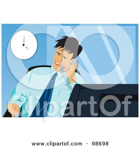 Royalty-Free (RF) Clipart Illustration of a Business Man Talking On A Cell Phone In His Corporate Office by mayawizard101