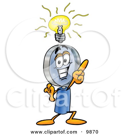 Clipart Picture of a Magnifying Glass Mascot Cartoon Character With a Bright Idea by Mascot Junction