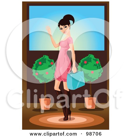 Royalty-Free (RF) Clipart Illustration of a Stylish Woman In Boots And A Pink Dress, Shopping by mayawizard101