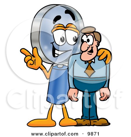 Clipart Picture of a Magnifying Glass Mascot Cartoon Character Talking to a Business Man by Mascot Junction