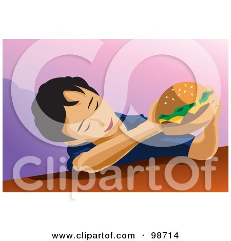 Royalty-Free (RF) Clipart Illustration of a Boy Admiring a Tasty Burger by mayawizard101