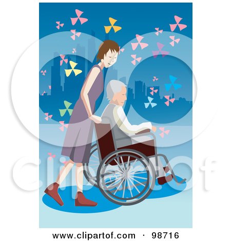 Royalty-Free (RF) Clipart Illustration of a Nice Woman Pushing A Senior Man In A Wheelchair by mayawizard101