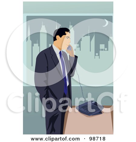 Royalty-Free (RF) Clipart Illustration of a Business Man Standing By His Desk And Talking On A Telephone by mayawizard101