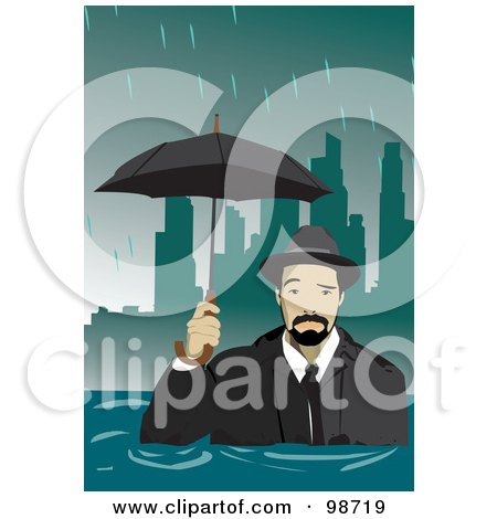 Royalty-Free (RF) Clipart Illustration of a Businessman In A Flooded City by mayawizard101