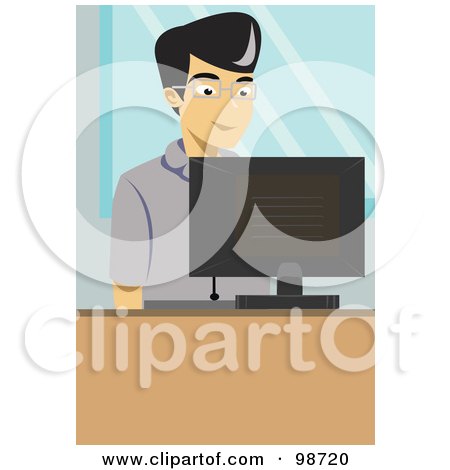 Royalty-Free (RF) Clipart Illustration of an Asian Business Man Using An Office Computer by mayawizard101