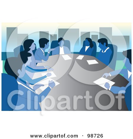 Royalty-Free (RF) Clipart Illustration of a Meeting Of Blue Business People by mayawizard101