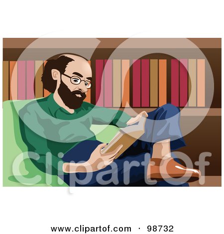 Royalty-Free (RF) Clipart Illustration of a Balding Man Reading A Book In A Library by mayawizard101