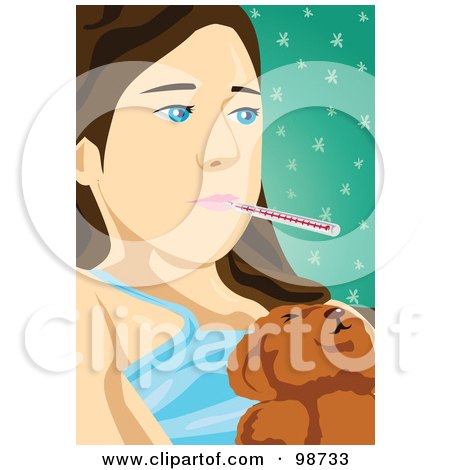Royalty-Free (RF) Clipart Illustration of a Sick Girl Hugging Her Teddy Bear And Taking Her Temperature by mayawizard101