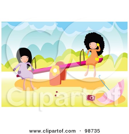 Royalty-Free (RF) Clipart Illustration of Two Happy Girls Playing On A Teeter Totter In A Park by mayawizard101