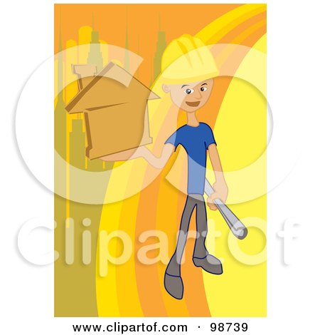Royalty-Free (RF) Clipart Illustration of a Construction Worker Holding Blueprints And An Orange Home by mayawizard101